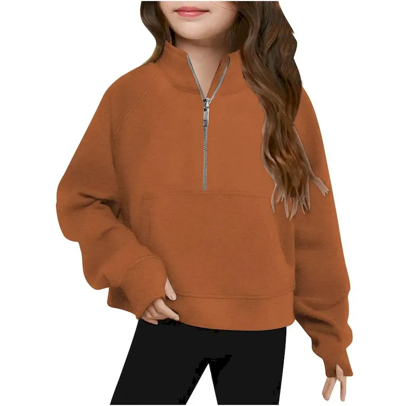 Wholesale Kids Girls' Fashion Casual Autumn Solid Color Half-Zipper Long-Sleeve Loose Sweatshirt - Image 20