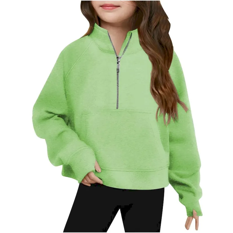 Wholesale Kids Girls' Fashion Casual Autumn Solid Color Half-Zipper Long-Sleeve Loose Sweatshirt - Image 22