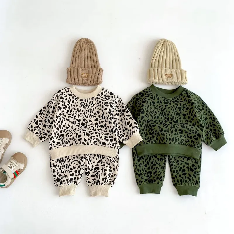 Wholesale Kids Baby Boys Girls Casual Cute Leopard Print Long Sleeve Sweatshirts Trousers Sets - Image 4