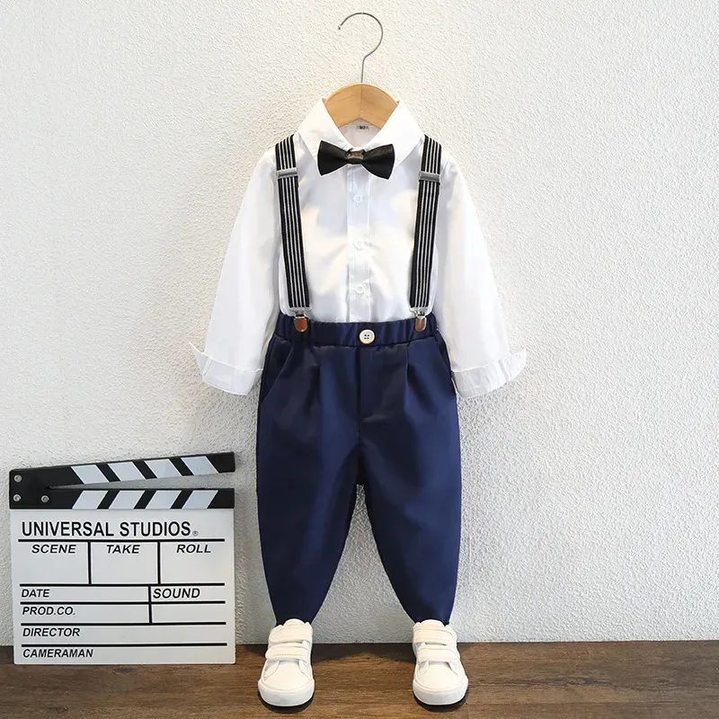 Wholesale Kids Toddler Big Boys Spring Autumn Fashion Casual British Style Bow Shirt Suspender Trousers Party Clothing Set - Image 4