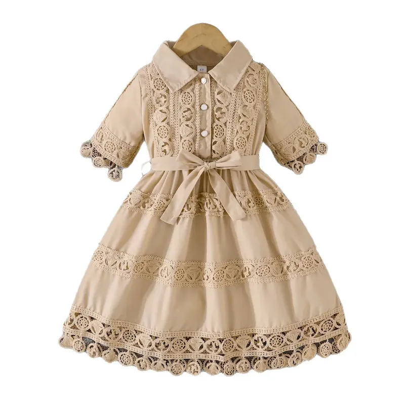 Wholesale Kids Girls Fashion Elegant Solid Color Lace Embroidered Lapel Short-Sleeve Lace-Up Dress - Image 5
