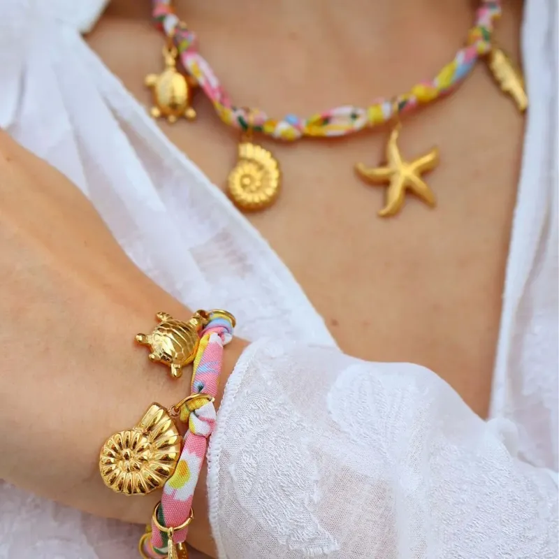 Wholesale Beach Series Marine Life Multicolor Floral Shell Pendant Ribbon Cloth Strip Necklace