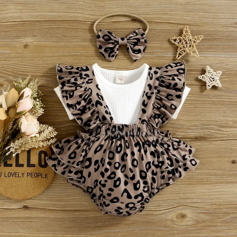 Wholesale Kids Baby Girls Casual Cute Short Sleeve Top Leopard Romper Sets