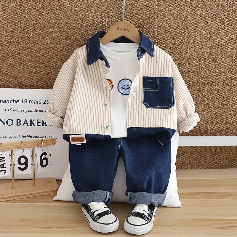 Wholesale Kids Toddler Boys Fashion Casual Smiley Print Long Sleeve T-Shirt Stripe Long Sleeve Shirt Jeans Three-Piece Set - Image 4