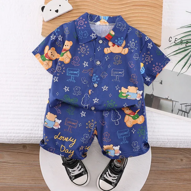 Wholesale Kids Baby Boys Casual Cute Cartoon Print Short Sleeve Lapel Shirt Shorts Sets - Image 10