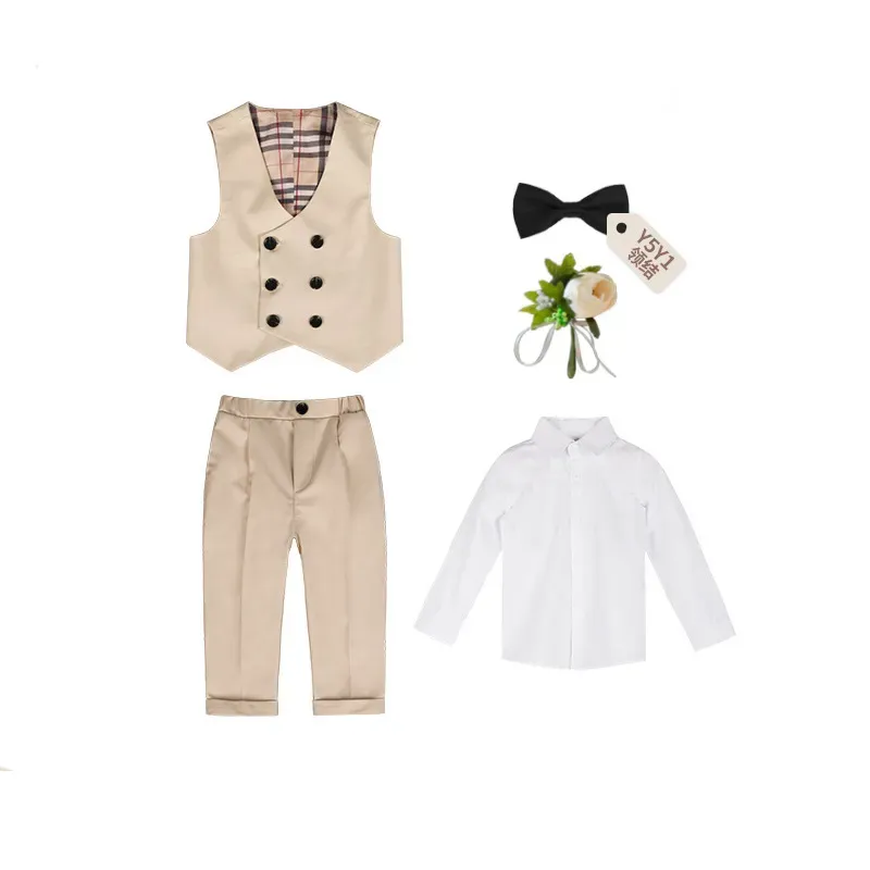 Wholesale Boys' Fashion Solid Color Lapel Long-Sleeve Blouse Tank Top Slim Fit Pants Five-Piece Set - Image 7