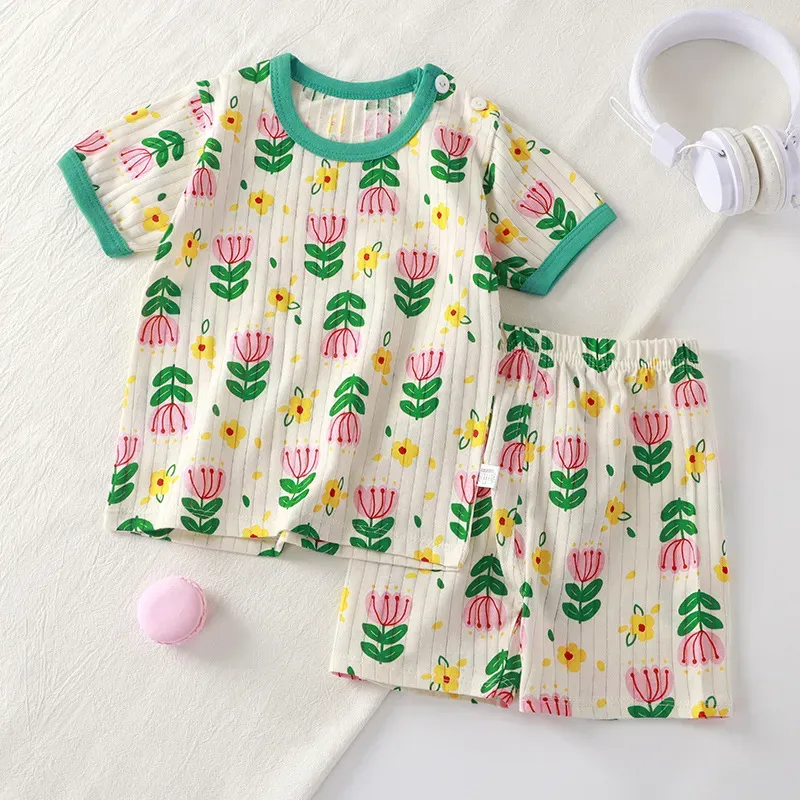 Wholesale Kids Toddler Boys Girls Summer Casual Cute Cartoon Floral Print Short Sleeve T-Shirt Shorts Set - Image 12