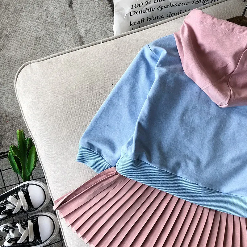 Wholesale Girls Fashion Letter Printed Pleated Design Spliced Hooded Dress - Image 9