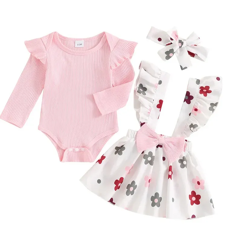 Wholesale Kids Baby Girls Fashion Cute Floral Printed Long Sleeve Rompers Sleeveless Bowknot Dress Hairband Three-Piece Set - Image 3