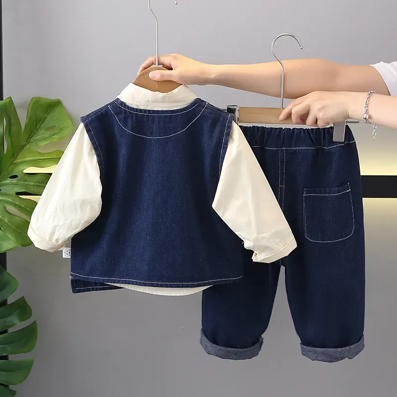 Wholesale Kids Toddler Boys Fashion Casual Solid Color Long Sleeve Shirt Denim Vest Jeans Set - Image 3