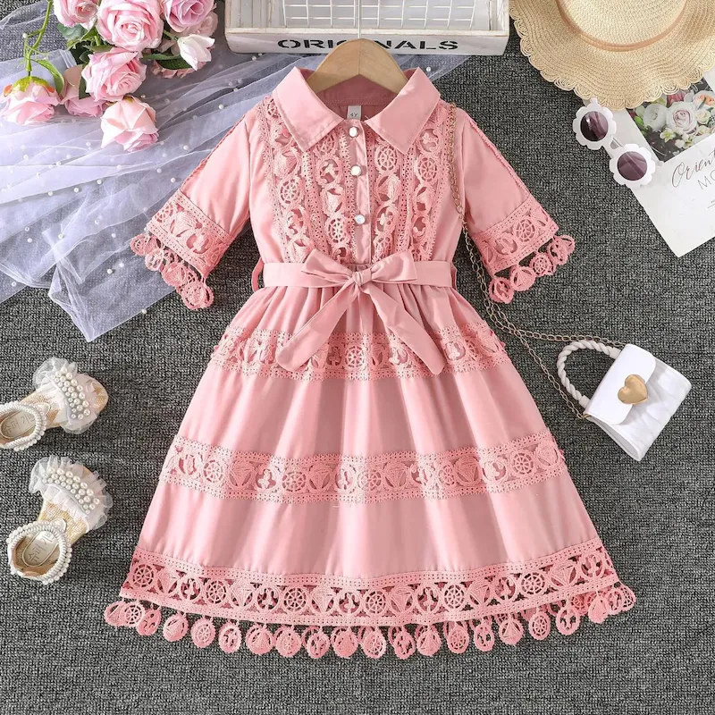 Wholesale Kids Girls Fashion Elegant Solid Color Lace Embroidered Lapel Short-Sleeve Lace-Up Dress - Image 9