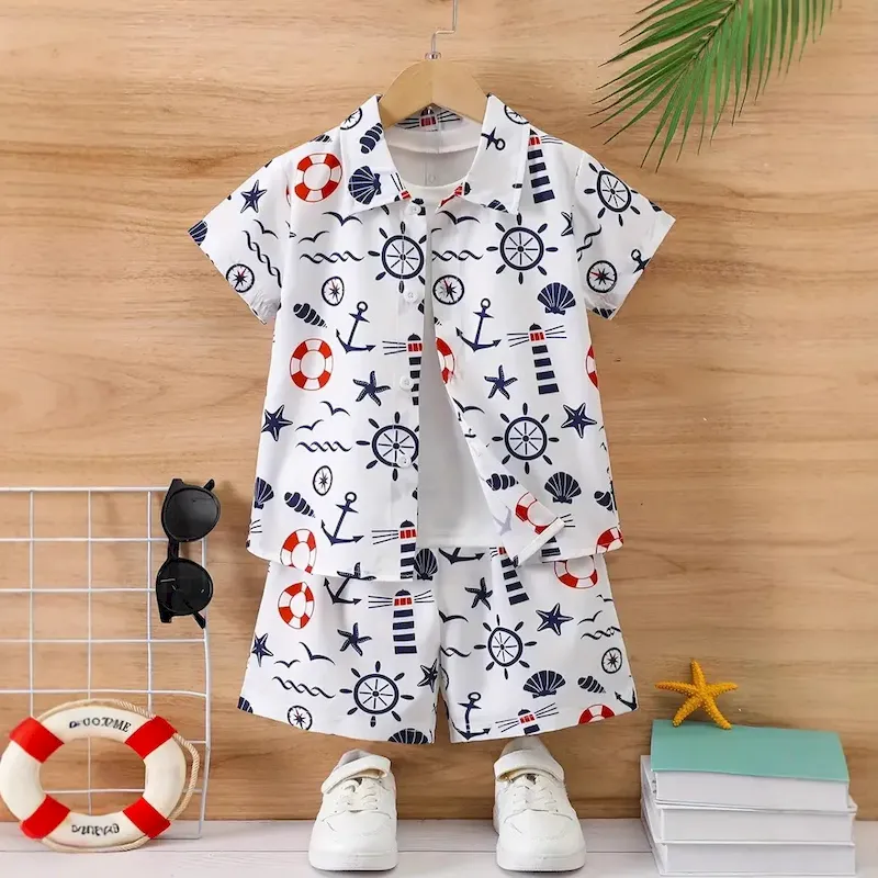 Wholesale Boys Fashion Casual Vacation Printed Short-Sleeve Blouse Loose Shorts Two-Piece Set - Image 4