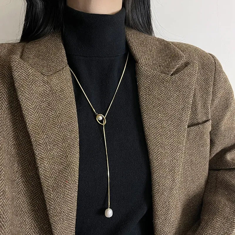 Wholesale Women Fashion Simple Titanium Steel Pearl Long Necklace