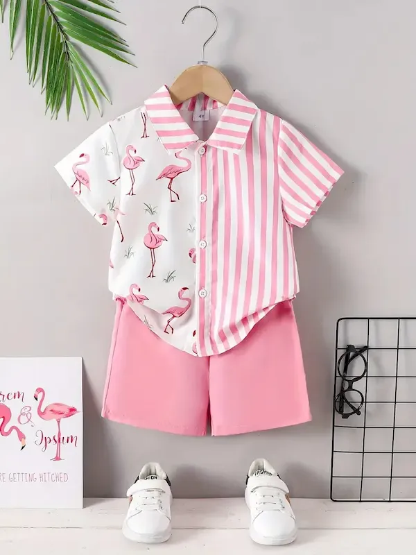 Wholesale Boys Fashion Casual Vacation Printed Short-Sleeve Blouse Loose Shorts Two-Piece Set - Image 6
