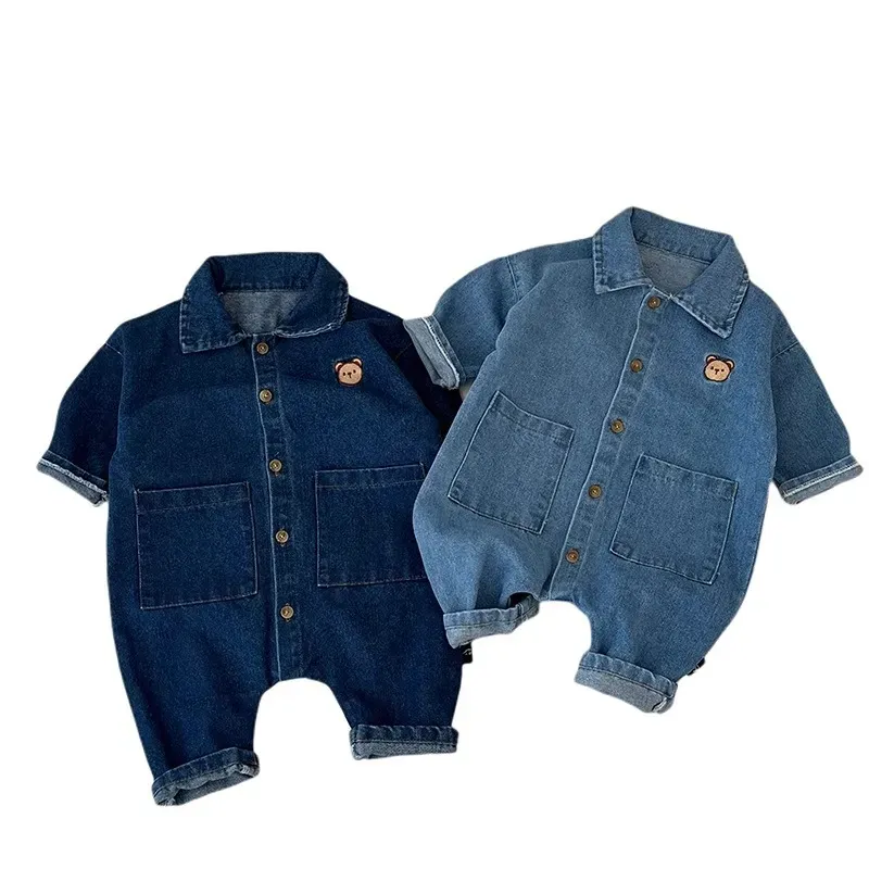 Wholesale Baby Girls Boys Bear Embroidery Short Sleevv Denim Rompers - Image 5