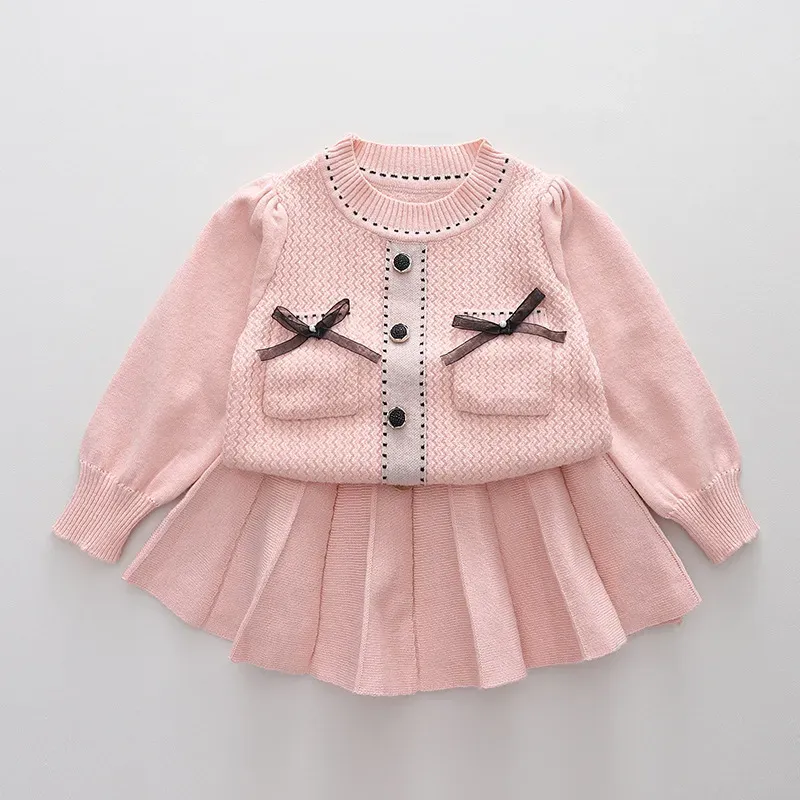 Wholesale Kids Toddler Girls Autumn Winter Fashion Casual Simple Solid Color Bow Round Neck Sweater Pleated Skirt Set - Image 6