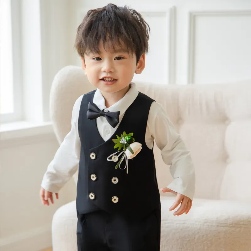 Wholesale Boys' Fashion Solid Color Lapel Long-Sleeve Blouse Tank Top Slim Fit Pants Five-Piece Set - Image 3