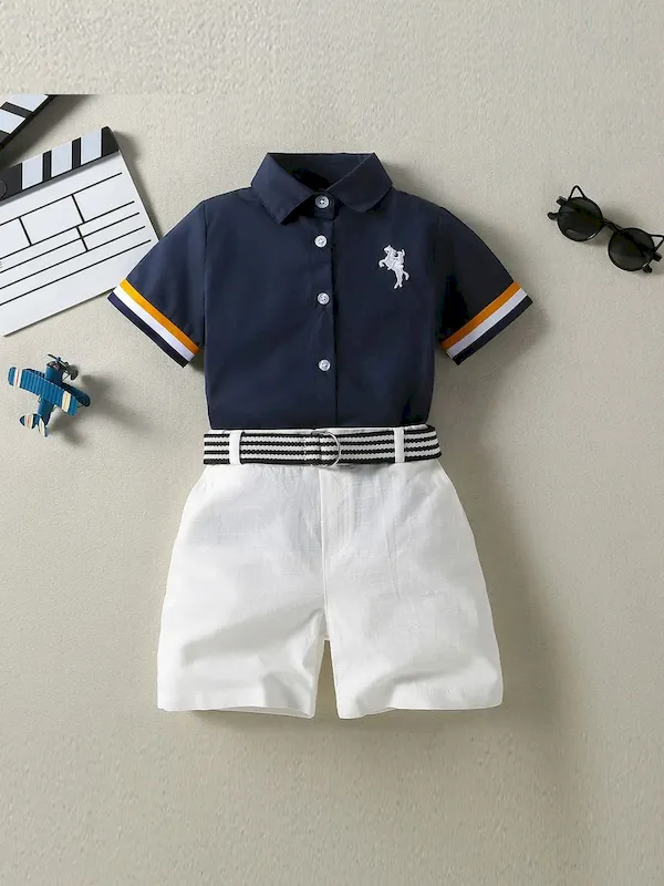 Wholesale Boys' Fashion Lapel Contrast Color Short-Sleeve Blouse Loose Shorts Two-Piece Set - Image 5
