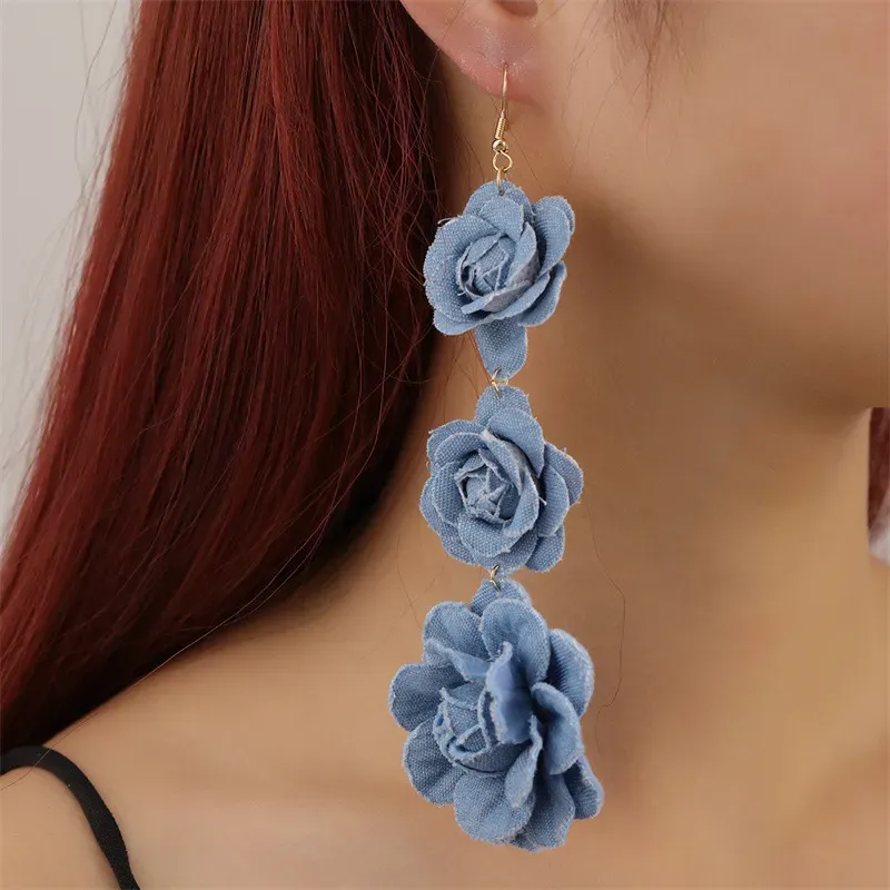 Wholesale Women Fashion Denim Long Camellia Earrings