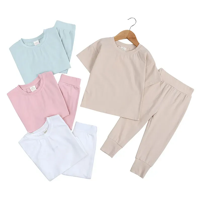Wholesale Kids Toddler Boys Girls Casual Solid Color Short Sleeve T-Shirt Trousers Sets - Image 3