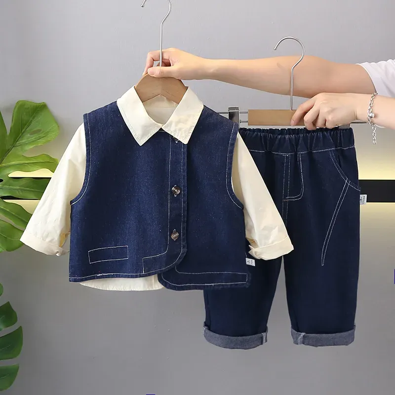 Wholesale Kids Toddler Boys Fashion Casual Solid Color Long Sleeve Shirt Denim Vest Jeans Set