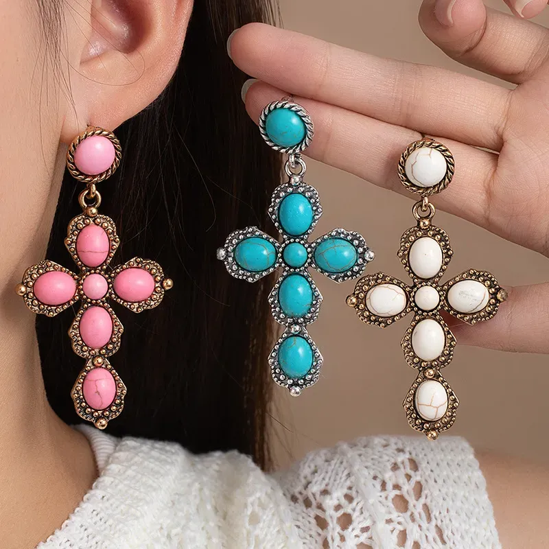 Wholesale Women Fashion Boho Oval Turquoise Cross Earrings Cross Jewelry