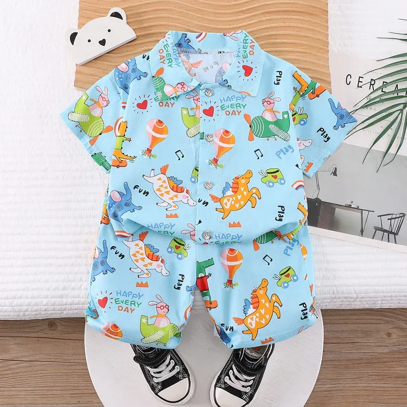 Wholesale Kids Baby Boys Casual Cute Cartoon Print Short Sleeve Lapel Shirt Shorts Sets - Image 13