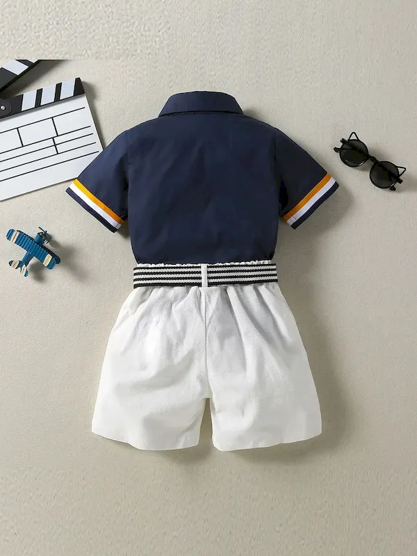 Wholesale Boys' Fashion Lapel Contrast Color Short-Sleeve Blouse Loose Shorts Two-Piece Set - Image 3