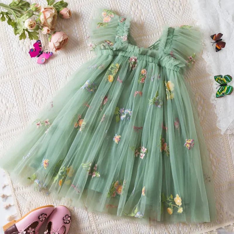 Wholesale Kids Girls Fashion Elegant Floral Embroidered Butterfly Mesh Flying Sleeve Dress - Image 5