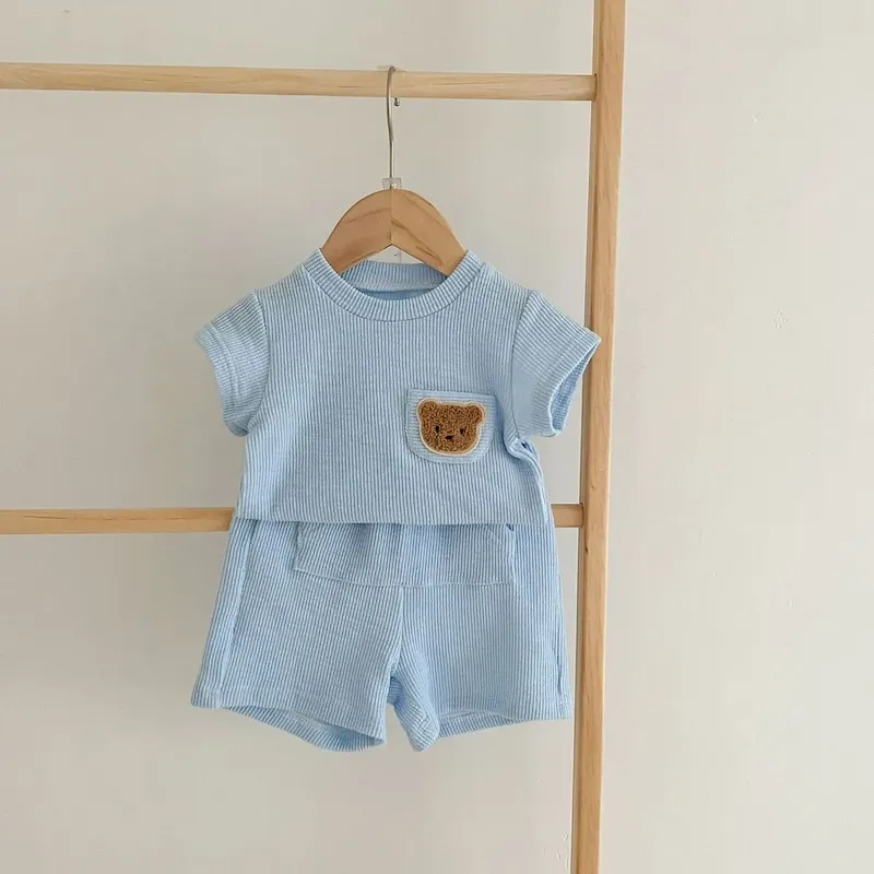 Wholesale Kids Baby Boys Girls Casual Cute Cartoon Bear Stripe Short Sleeve Top Shorts Sets - Image 10