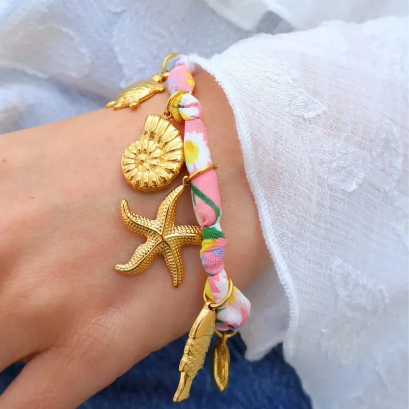 Wholesale Beach Series Marine Life Multicolor Floral Shell Pendant Ribbon Cloth Strip Necklace - Image 4