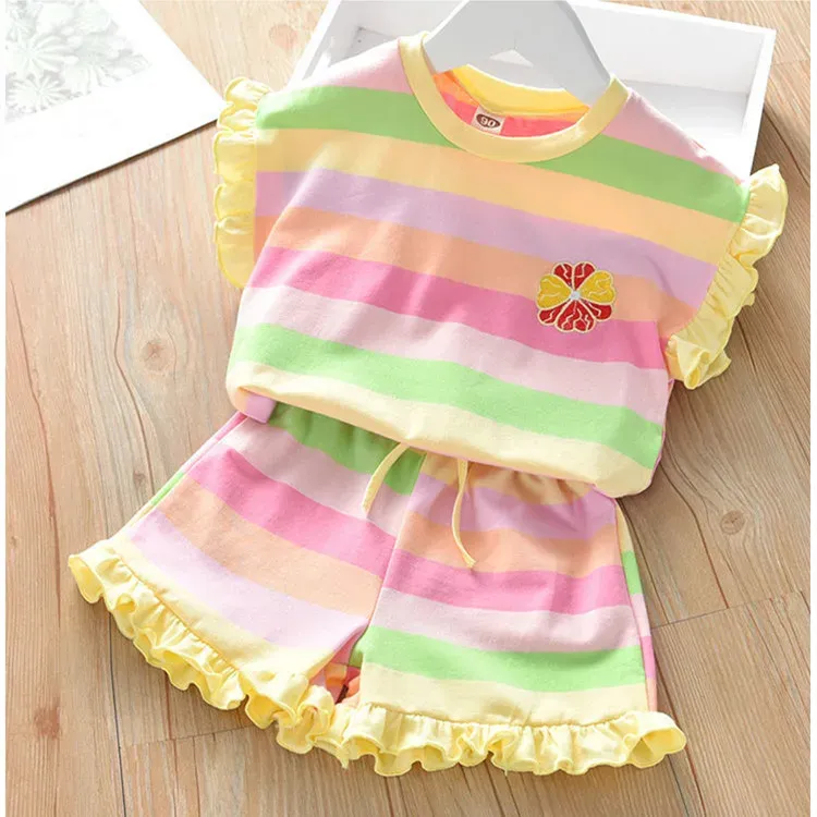 Wholesale Girl'S Fashion Rainbow Stripe Print Ruffled Shorts Two-Piece Set - Image 9