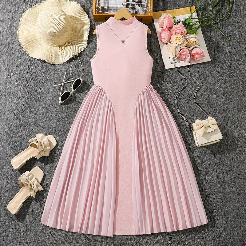 Wholesale Kids Girl'S Fashion Elegant Solid Color Pleated Stitching Sleeveless Dress