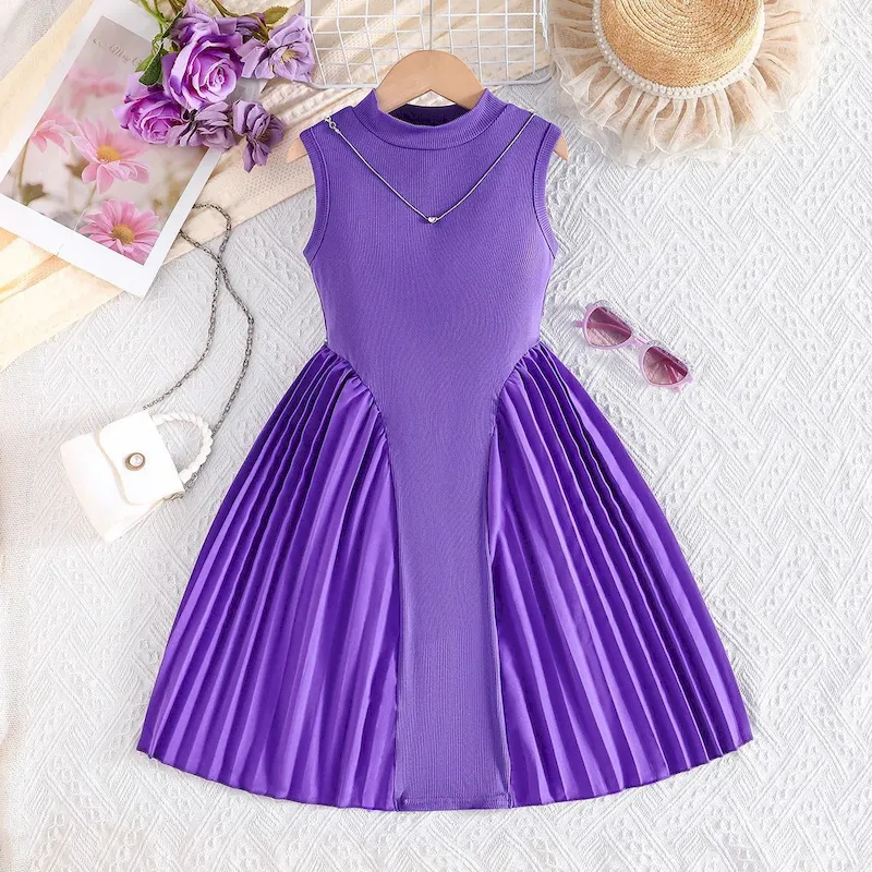 Wholesale Kids Girl'S Fashion Elegant Solid Color Pleated Stitching Sleeveless Dress