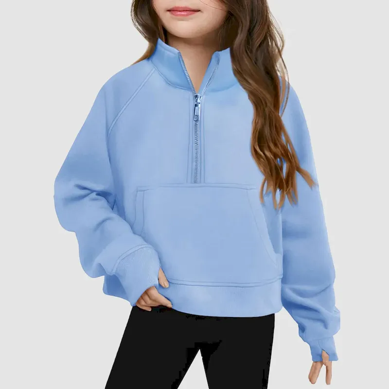 Wholesale Kids Girls' Fashion Casual Autumn Solid Color Half-Zipper Long-Sleeve Loose Sweatshirt - Image 12