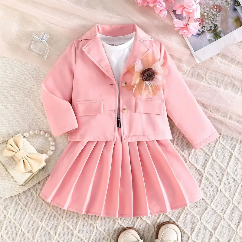 Wholesale Kids Girls Fashion Casual Flower Lapel Long-Sleeve Cardigan Vest Pleated Skirt Three-Piece Set - Image 8