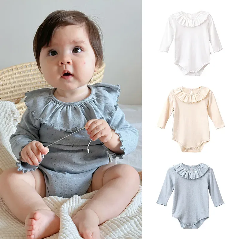 Wholesale Kids Baby Girl Fashion Solid Color Ledge Collar Long-Sleeve Cotton Rompers