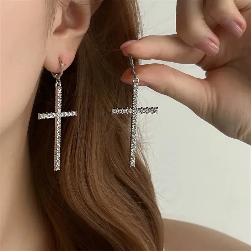 Wholesale Women Fashion Simple Large Cross Rhinestone Earrings