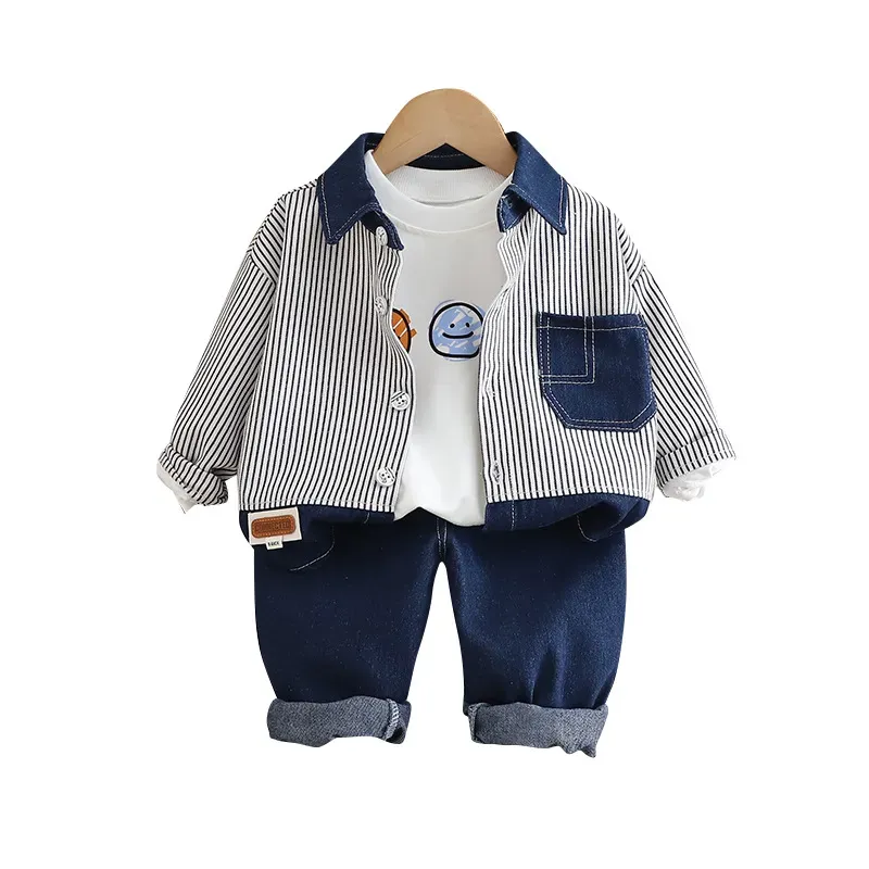 Wholesale Kids Toddler Boys Fashion Casual Smiley Print Long Sleeve T-Shirt Stripe Long Sleeve Shirt Jeans Three-Piece Set - Image 6
