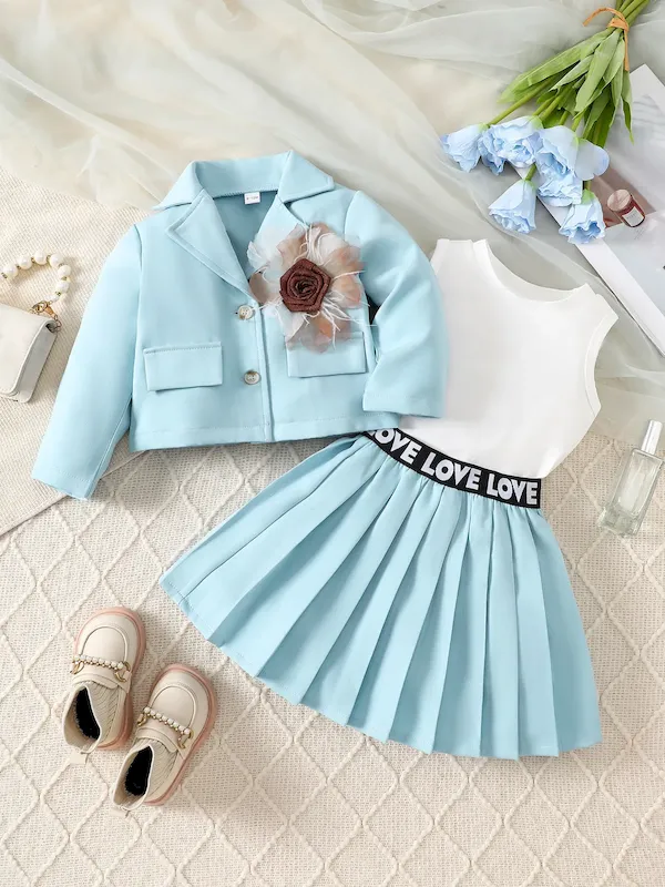 Wholesale Kids Girls Fashion Casual Flower Lapel Long-Sleeve Cardigan Vest Pleated Skirt Three-Piece Set - Image 4