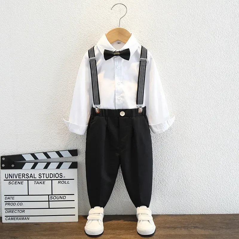 Wholesale Kids Toddler Big Boys Spring Autumn Fashion Casual British Style Bow Shirt Suspender Trousers Party Clothing Set - Image 5