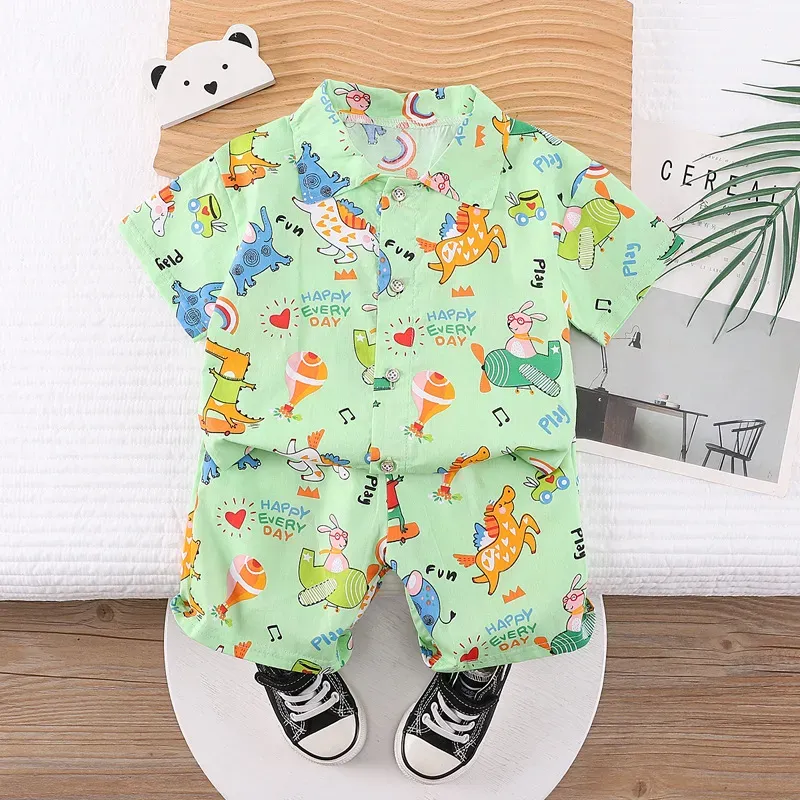 Wholesale Kids Baby Boys Casual Cute Cartoon Print Short Sleeve Lapel Shirt Shorts Sets - Image 12