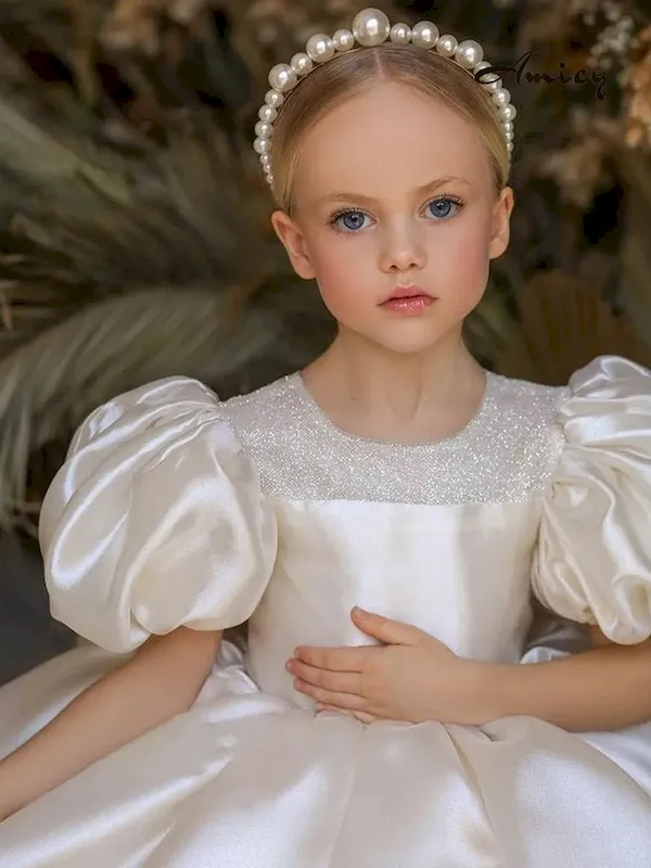 Wholesale Kids Girls Fashion Elegant White Satin Flower Puff Sleeve Party Princess Dress - Image 4