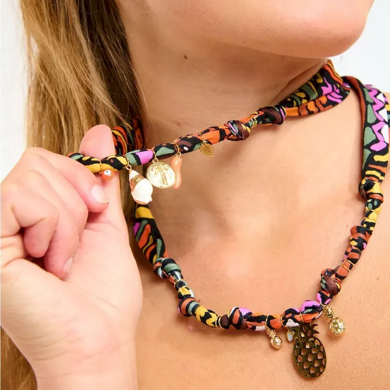 Wholesale Beach Series Marine Life Multicolor Floral Shell Pendant Ribbon Cloth Strip Necklace - Image 3