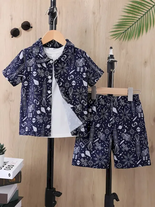 Wholesale Boys Fashion Casual Vacation Printed Short-Sleeve Blouse Loose Shorts Two-Piece Set - Image 13