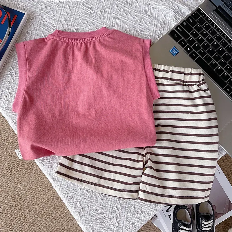 Wholesale Kids Toddler Boys Girls Casual Cute Cartoon Dog Alphabet Print Sleeveless Top Stripe Shorts Sets - Image 3