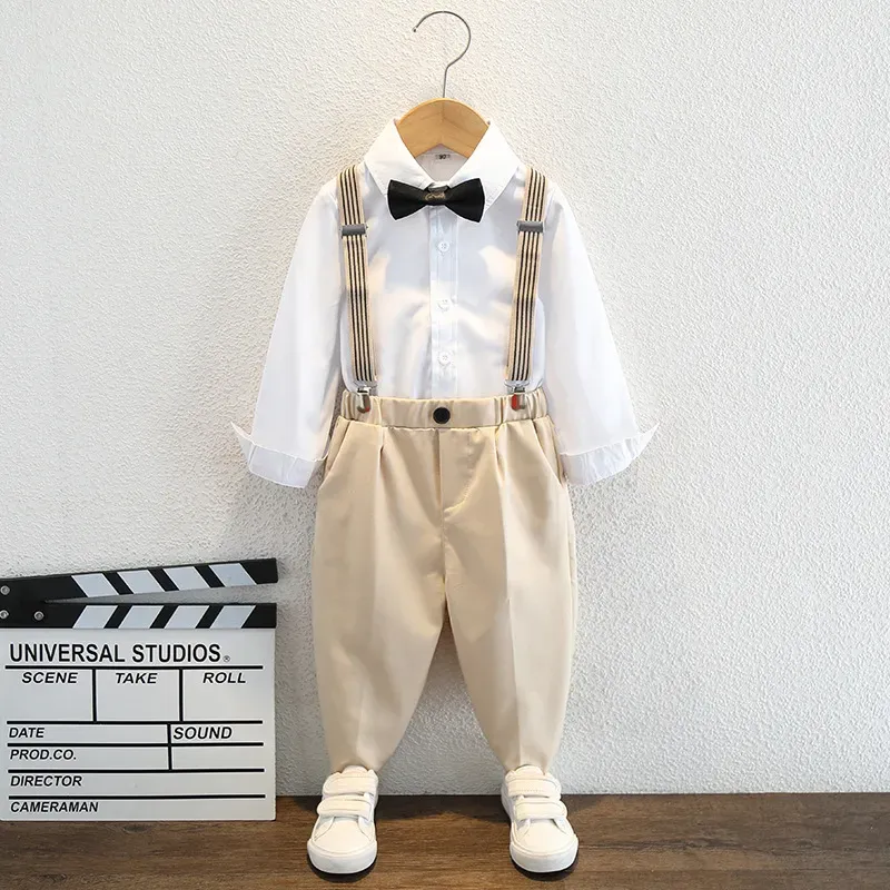 Wholesale Kids Toddler Big Boys Spring Autumn Fashion Casual British Style Bow Shirt Suspender Trousers Party Clothing Set - Image 3