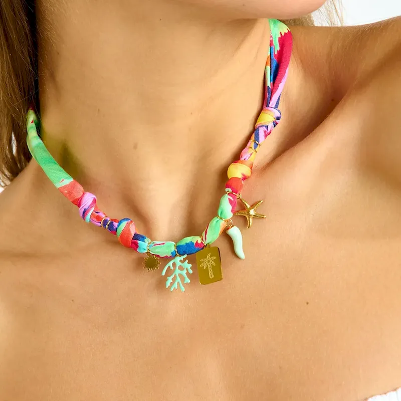 Wholesale Beach Series Marine Life Multicolor Floral Shell Pendant Ribbon Cloth Strip Necklace - Image 8