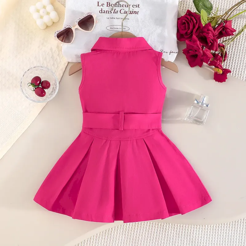 Wholesale Kids Girl Fashion Casual Solid Color Lapel Sleeveless Pockets Belt Dress - Image 4