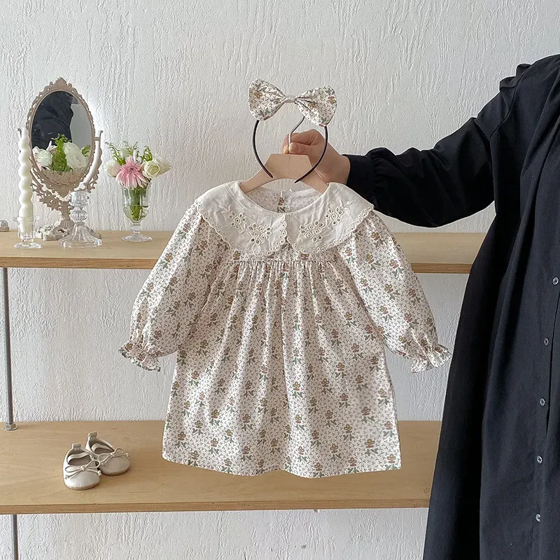 Wholesale Kids Girls Fashio Autumn Floral Printed Lace Lapel Long Sleeve Dress - Image 3